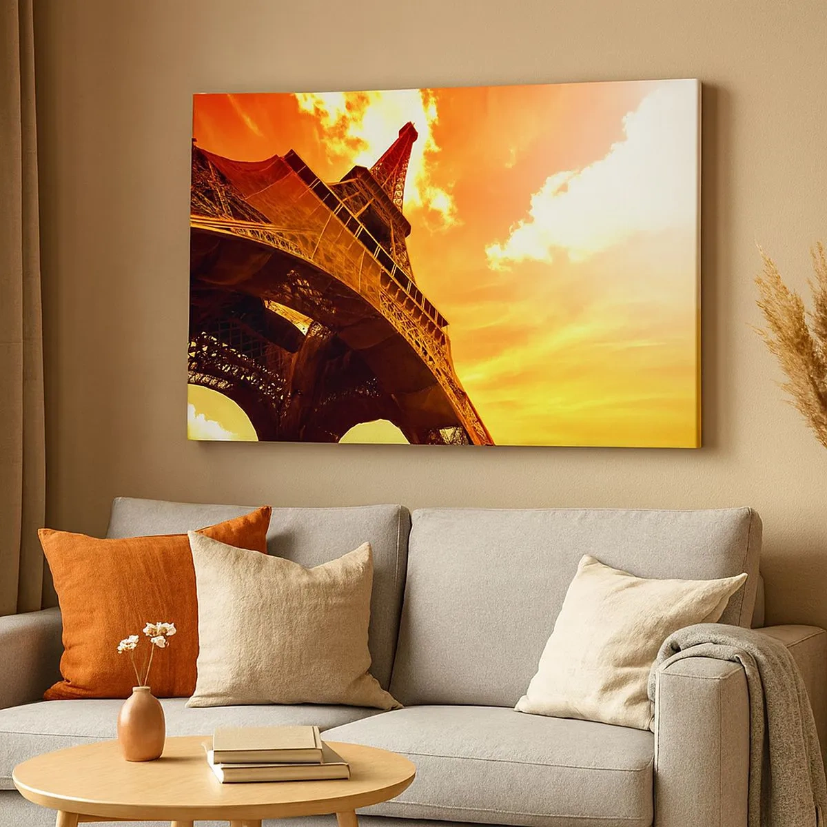 Tablou pe pânză Canvas - Turnul Eiffel pe un cer auriu în timpul apusului - 70x50cm - Monumental, pentru că aurit de soare - Decorațiune modernă pentru perete pentru living și dormitor ARTTOR