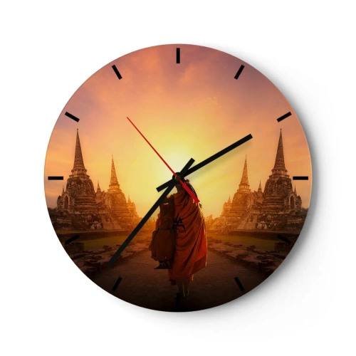 Ceas de perete - Ceas pe sticlă - Un călugăr într-o robă de șofran, înconjurat de temple la apus - 30x30cm - În pace prin eternitate - Decorațiune modernă pentru perete pentru living, bucătărie și dormitor ARTTOR