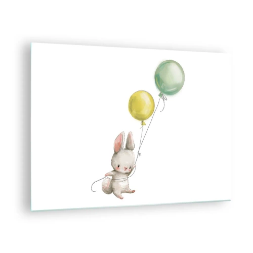 Tablou pe sticlă - Un iepuraș care ține două baloane - 70x50cm - Voi zbura și eu! - Decorațiune modernă pentru perete pentru living și dormitor ARTTOR