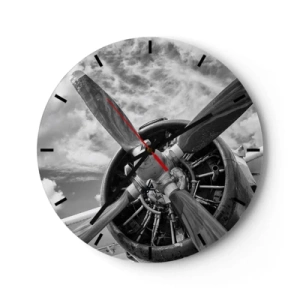 Ceas de perete - Ceas pe sticlă - Motor cu elice de avion în alb și negru - 30x30cm - Cuceritorul cerului - Decorațiune modernă pentru perete pentru living, bucătărie și dormitor ARTTOR