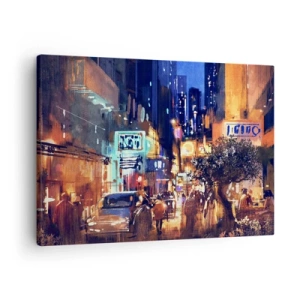 Tablou pe pânză Canvas - Peisaj urban de seară în stil impresionist - 70x50cm - Iar orașul nu doarme - Decorațiune modernă pentru perete pentru living și dormitor ARTTOR