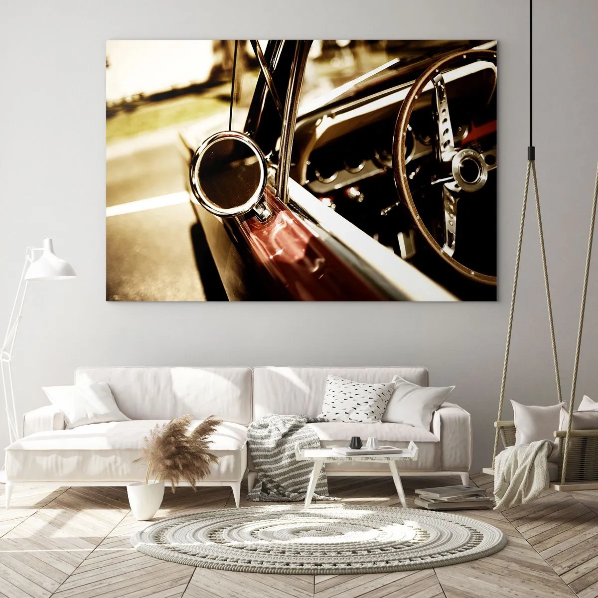 Tablou pe sticlă - Interiorul unei mașini clasice în stil retro - 70x50cm - O mașină cu suflet - Decorațiune modernă pentru perete pentru living și dormitor ARTTOR