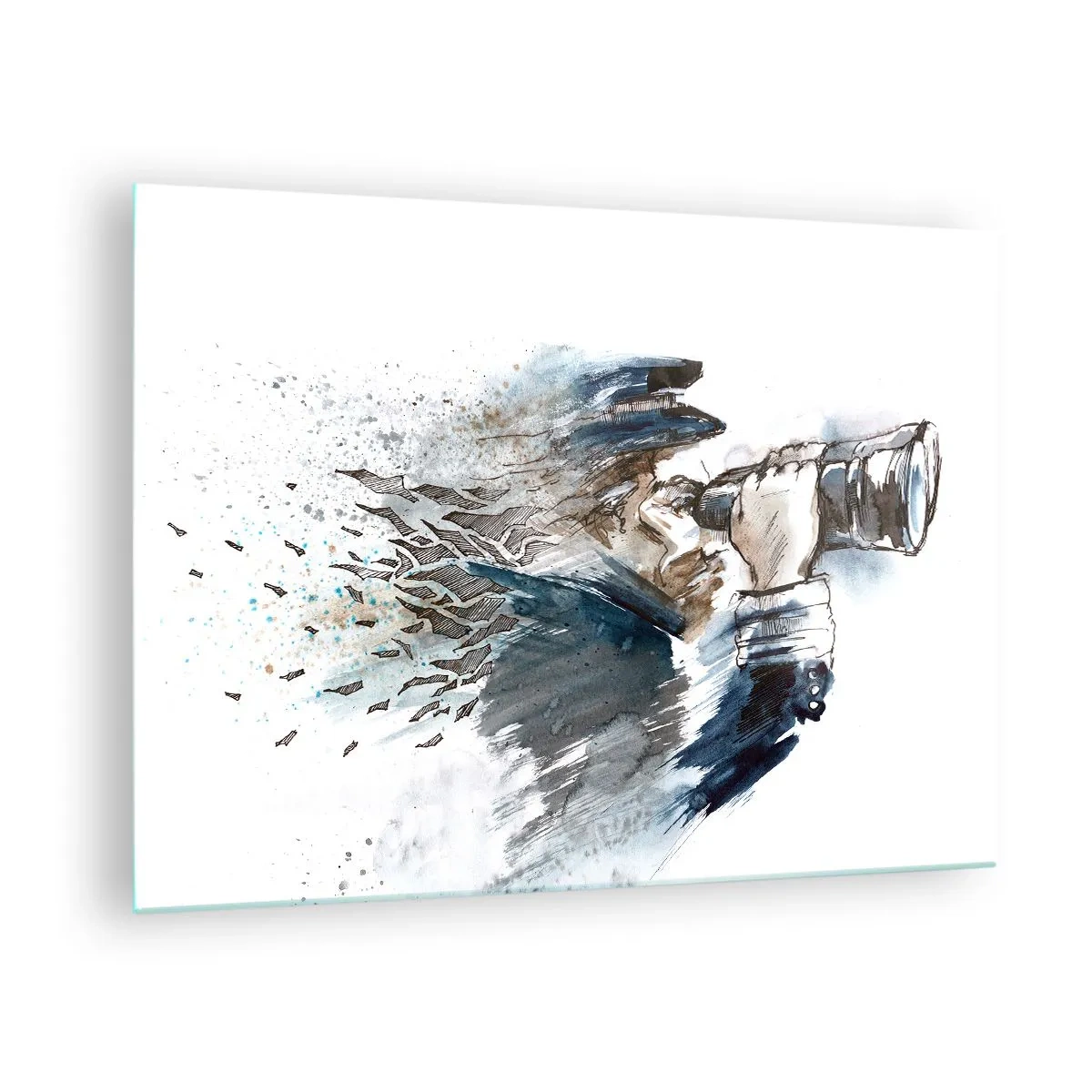 Tablou pe sticlă - Un bărbat cu binoclu într-o compoziție dinamică în acuarelă - 70x50cm - Zece pe scara Beaufort! - Decorațiune modernă pentru perete pentru living și dormitor ARTTOR