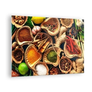 Tablou pe sticlă - Condimente colorate în recipiente naturale cu aditivi - 70x50cm - Ia ce vrei - Decorațiune modernă pentru perete pentru living și dormitor ARTTOR
