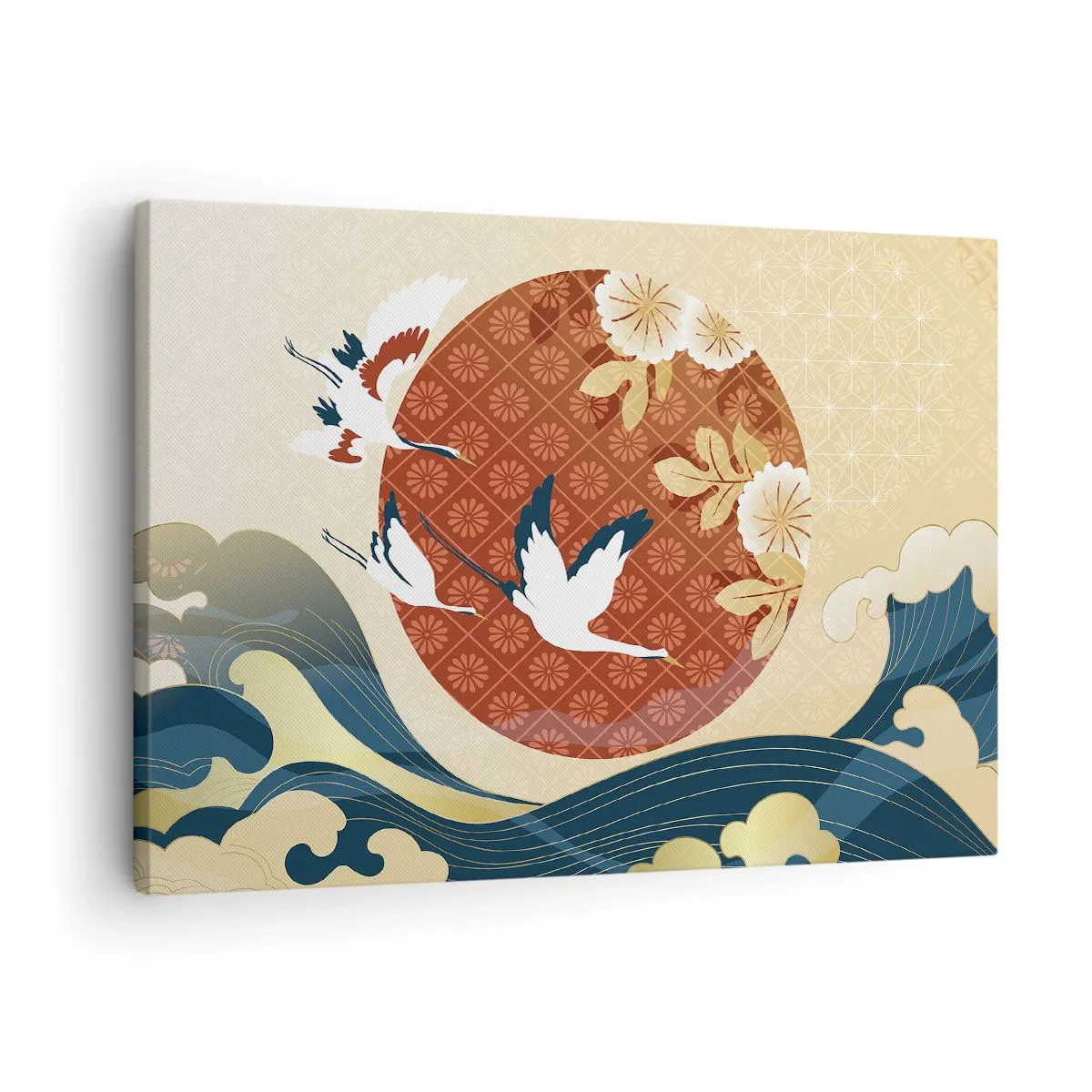 Tablou pe pânză Canvas - Compoziție japoneză cu macarale și valuri - 70x50cm - O fabulă japoneză - Decorațiune modernă pentru perete pentru living și dormitor ARTTOR