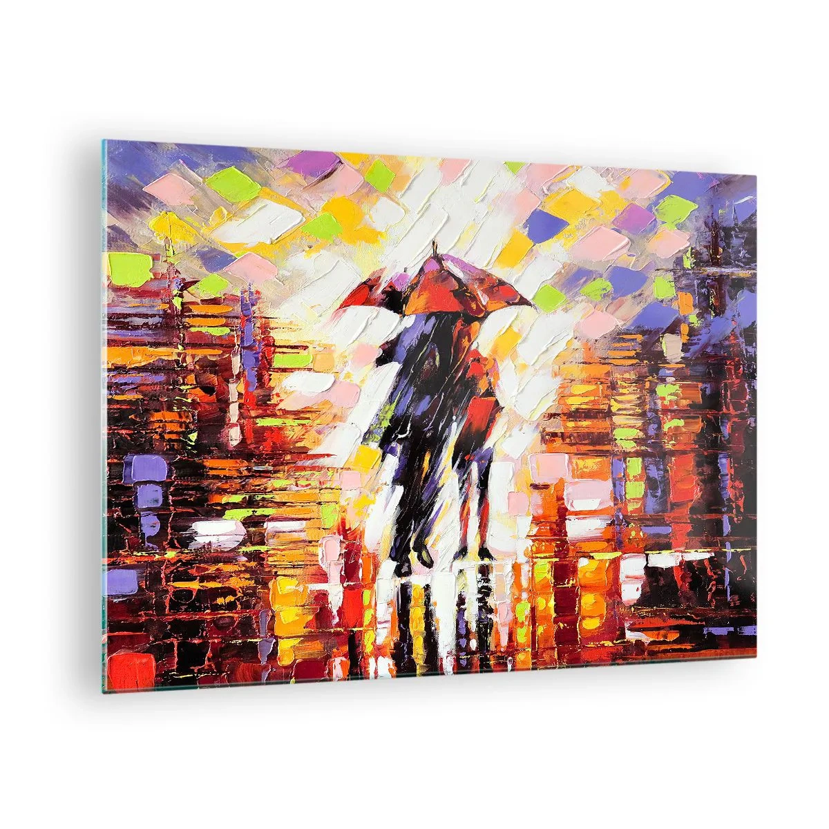 Tablou pe sticlă - Un cuplu sub o umbrelă roșie într-un oraș colorat - 70x50cm - Împreună prin noapte și ploaie - Decorațiune modernă pentru perete pentru living și dormitor ARTTOR