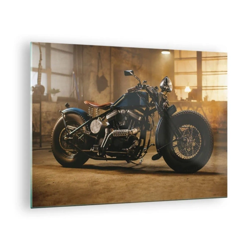 Tablou pe sticlă - Fotografie atmosferică a unei motociclete clasice într-un garaj - 70x50cm - Pot să fac totul - Decorațiune modernă pentru perete pentru living și dormitor ARTTOR