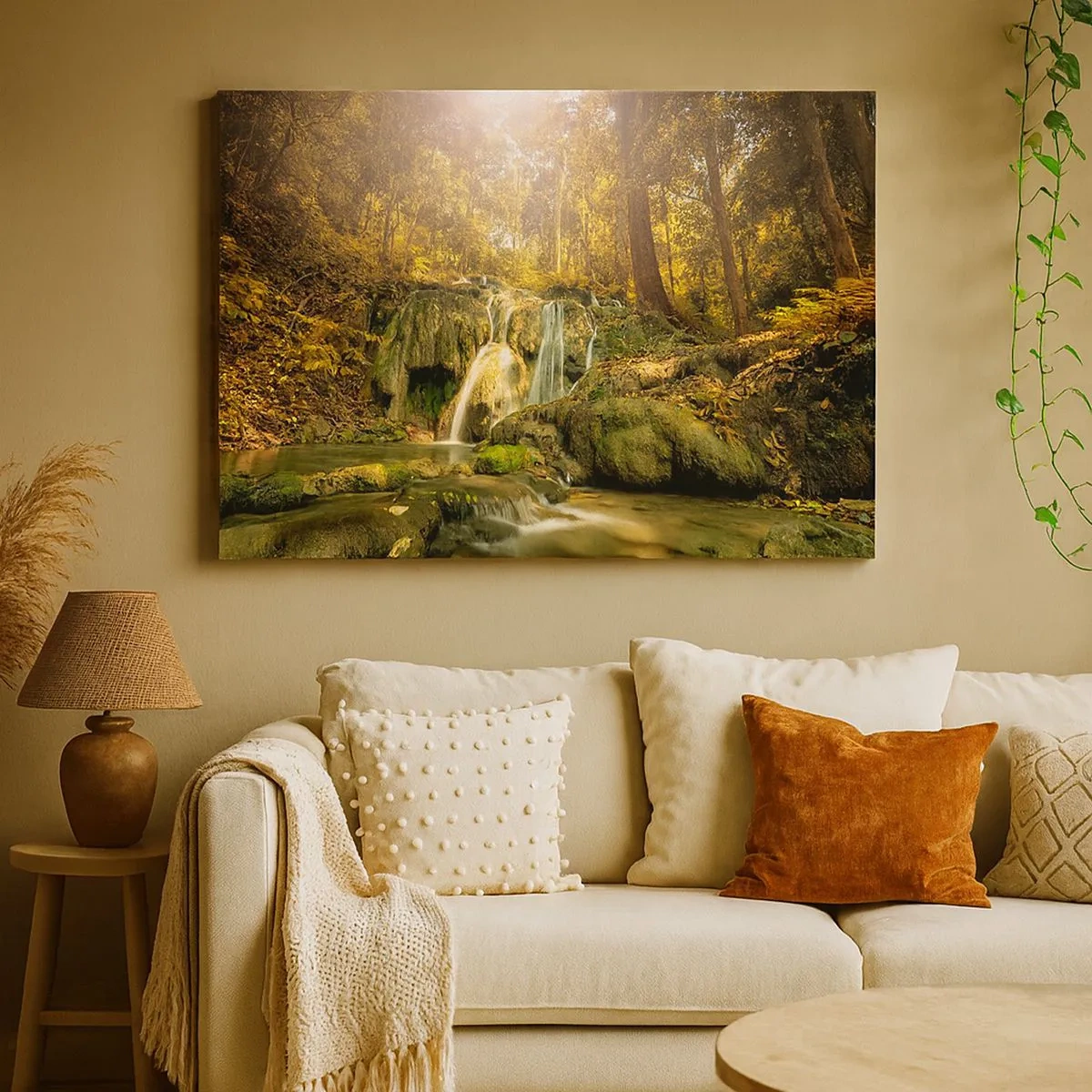 Tablou pe pânză Canvas - O cascadă în pădure, înconjurată de verdeață, în razele soarelui - 70x50cm - Cascada de pădure în verde - Decorațiune modernă pentru perete pentru living și dormitor ARTTOR