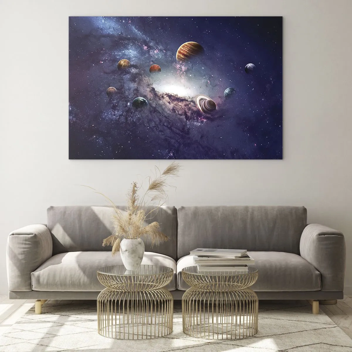 Tablou pe sticlă - O viziune fantezistă a planetelor care se rotesc în spațiu - 70x50cm - Sistemul de dans solar - Decorațiune modernă pentru perete pentru living și dormitor ARTTOR