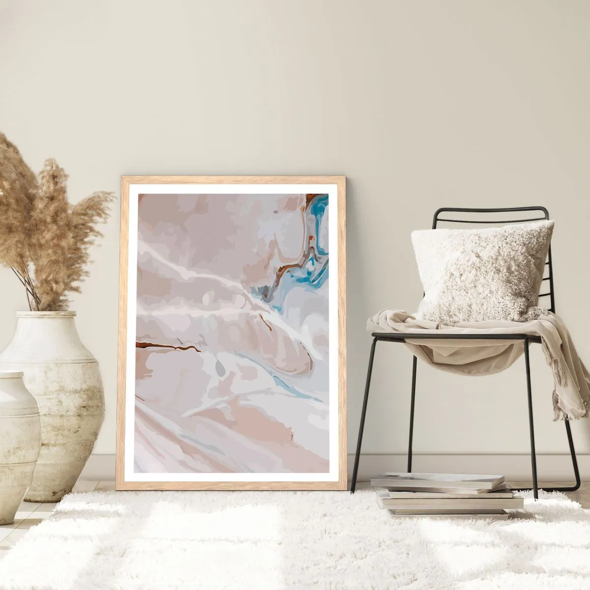 Poster în ramă de stejar deschis - Meandre albastre sub alb - 70x100 cm