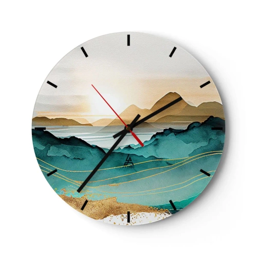 Ceas de perete - Ceas pe sticlă - Apus de soare peste un peisaj montan abstract - 30x30cm - La limita abstracției - peisaj - Decorațiune modernă pentru perete pentru living, bucătărie și dormitor ARTTOR