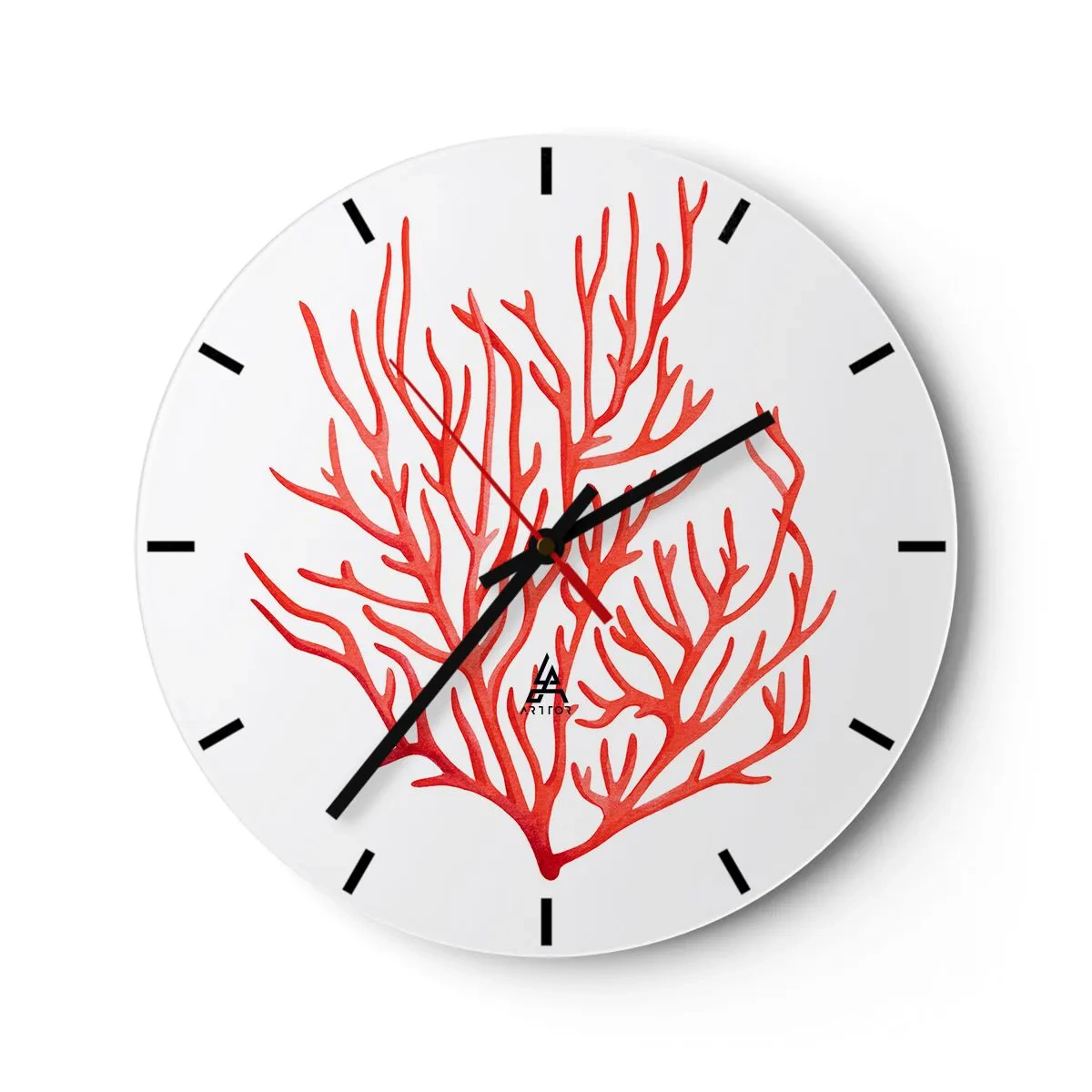 Ceas de perete - Ceas pe sticlă - Desen roșu de coral pe fundal alb - 30x30cm - Coral filigranat - Decorațiune modernă pentru perete pentru living, bucătărie și dormitor ARTTOR