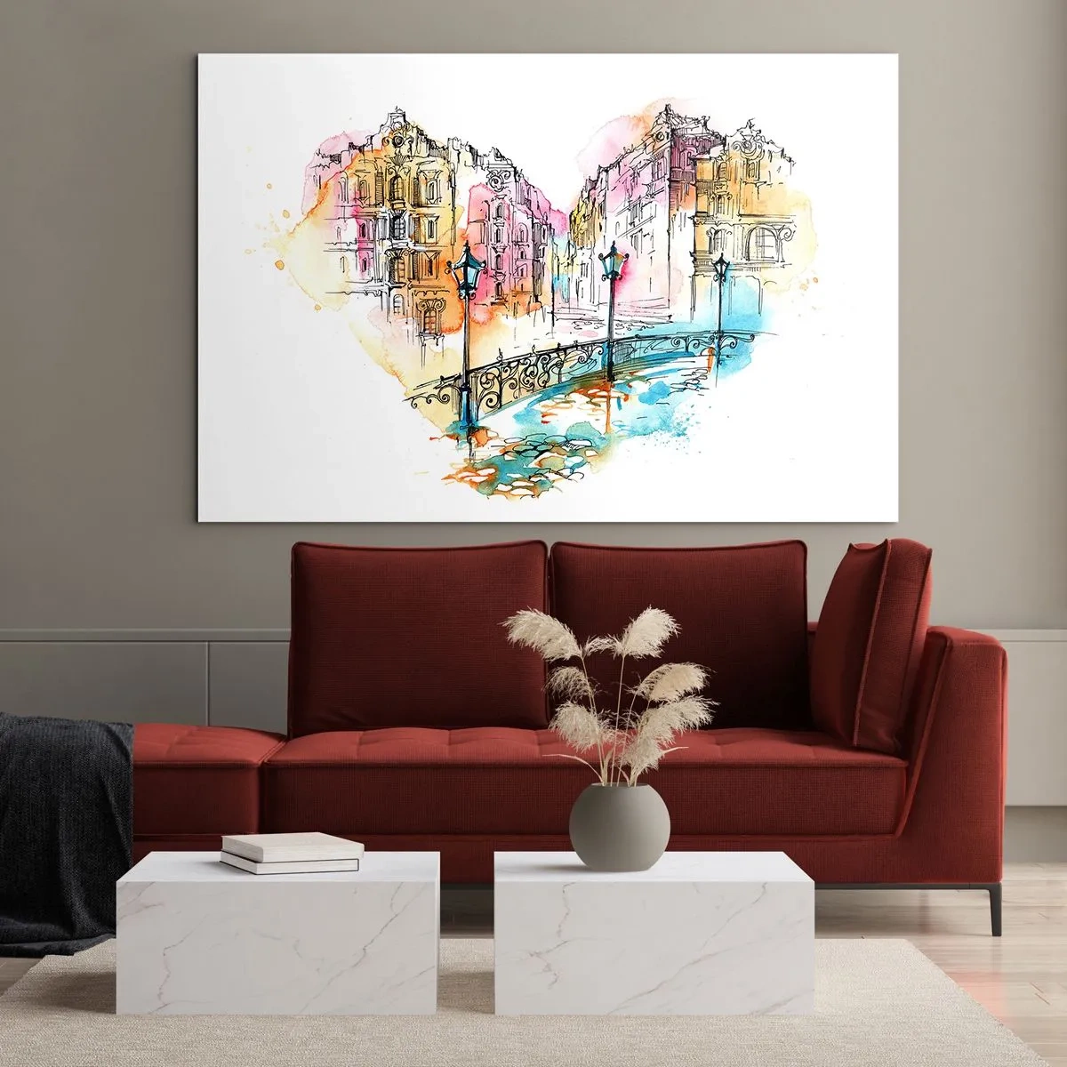 Tablou pe sticlă - Case de locuit romantice cu un pod în formă de inimă, acuarelă - 70x50cm - Inima orașului - Decorațiune modernă pentru perete pentru living și dormitor ARTTOR