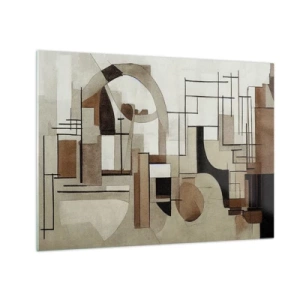 Tablou pe sticlă - Peisaj geometric în nuanțe de maro și bej - 70x50cm - Peisaj urban 2.0 - Decorațiune modernă pentru perete pentru living și dormitor ARTTOR