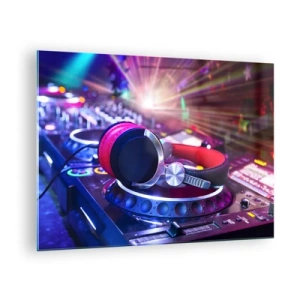 Tablou pe sticlă - Echipament DJ cu lumini colorate și căști - 70x50cm - Imediat începe distracția - Decorațiune modernă pentru perete pentru living și dormitor ARTTOR