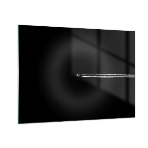 Tablou pe sticlă - Un avion cu reacție pe un fundal negru cu o dâră de condensare - 70x50cm - Într-o altă dimensiune - Decorațiune modernă pentru perete pentru living și dormitor ARTTOR