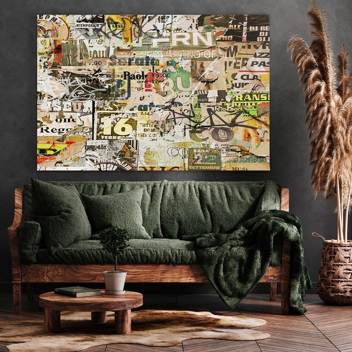 Tablou pe pânză Canvas - Un colaj de fragmente de ziare și postere într-un stil artistic. - 70x50cm - Oh, se întâmplă... - Decorațiune modernă pentru perete pentru living și dormitor ARTTOR