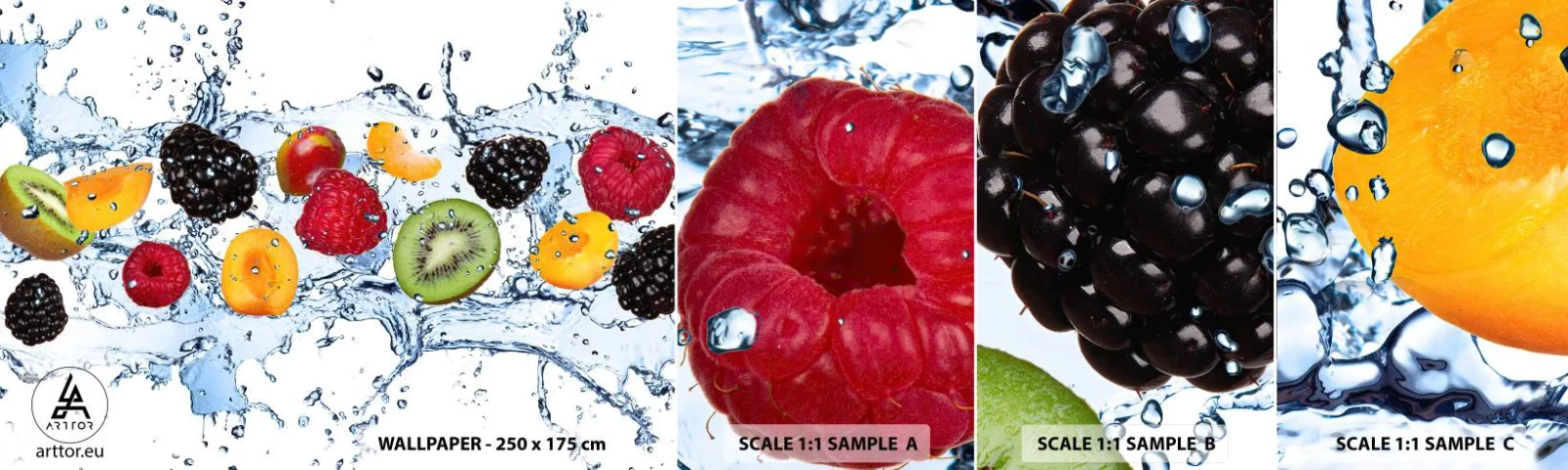 Mostră tapet autocolant Deluxe Sticker - Joacă-te cu noi - Fructe, Abstracția, 3D - 100x30 cm