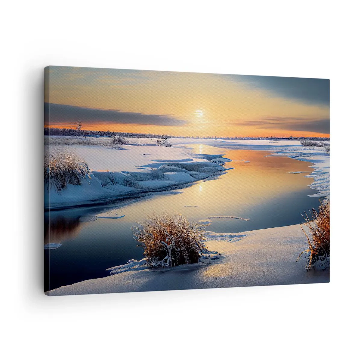 Tablou pe pânză Canvas - Peisaj de iarnă cu un râu la apus - 70x50cm - Apus de soare pe timp de iarnă - Decorațiune modernă pentru perete pentru living și dormitor ARTTOR