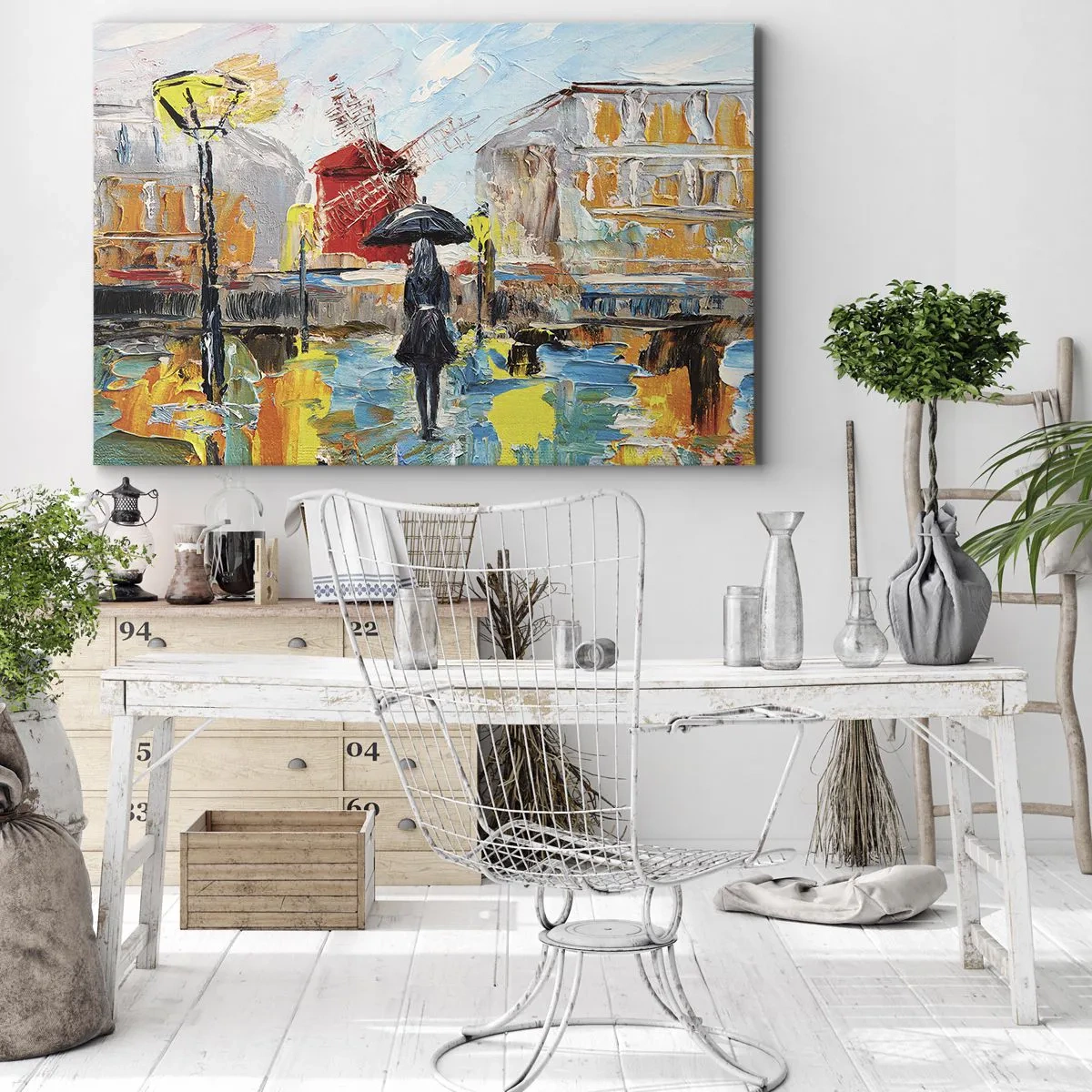 Tablou pe pânză Canvas - O scenă pitorească cu o umbrelă pe fundalul Parisului în culori vibrante. - 70x50cm - Legende pariziene - Decorațiune modernă pentru perete pentru living și dormitor ARTTOR