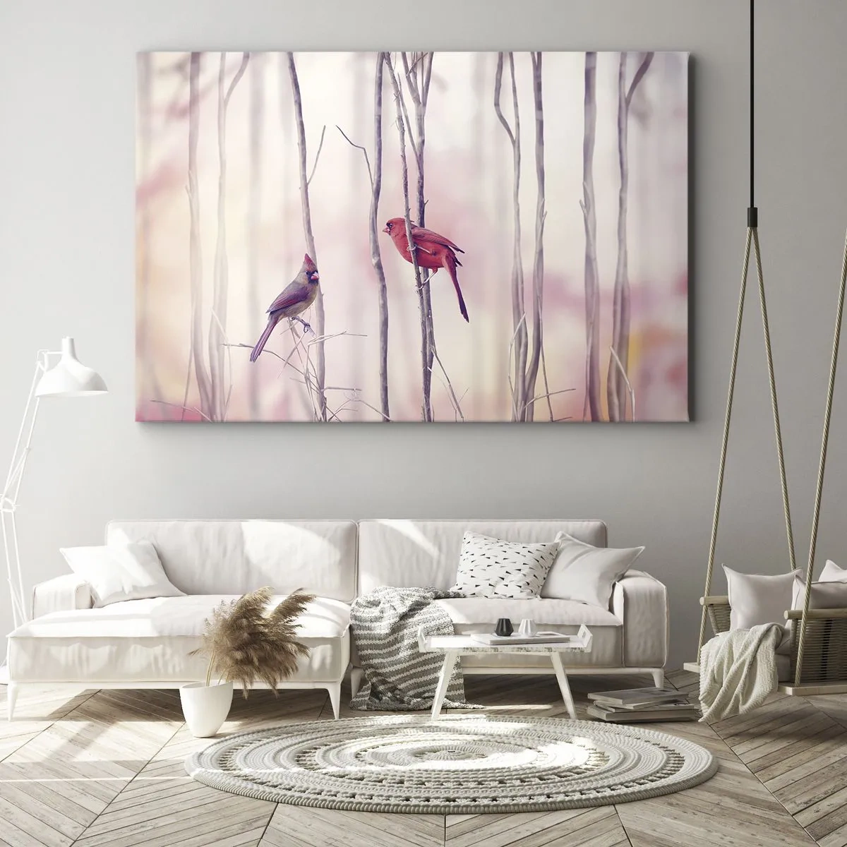 Tablou pe pânză Canvas - O pereche de cardinali cocoțați pe ramuri într-un peisaj pastelat - 70x50cm - O poveste din Pădurea Roz - Decorațiune modernă pentru perete pentru living și dormitor ARTTOR