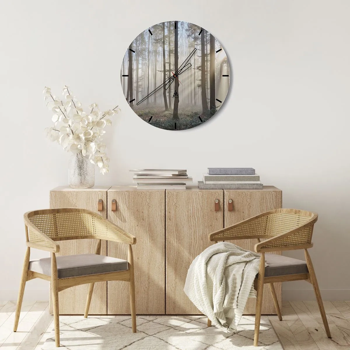 Ceas de perete - Ceas pe sticlă - Ceață strălucind printre copacii din pădure - 30x30cm - Ceața s-a trezit și ea - Decorațiune modernă pentru perete pentru living, bucătărie și dormitor ARTTOR