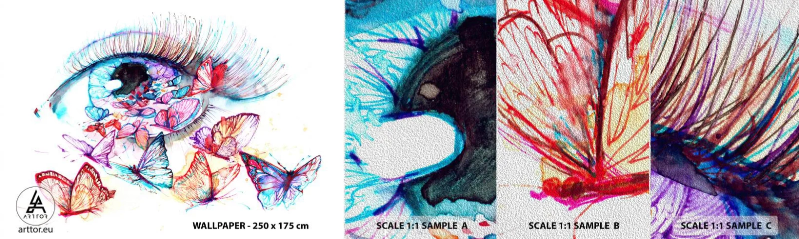 Mostră tapet Premium Sand - Ochi de basm - Ochi de femeie, Fluture, Abstracția - 100x30 cm