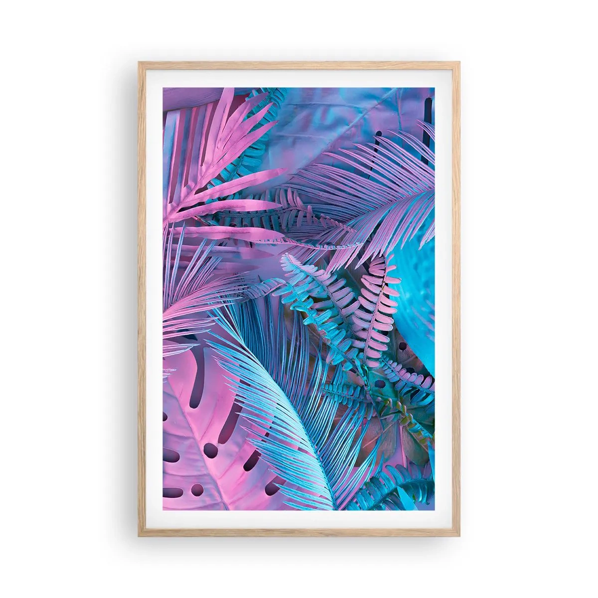 Poster în ramă de stejar deschis - Palmieri în alb și albastru - 61x91 cm