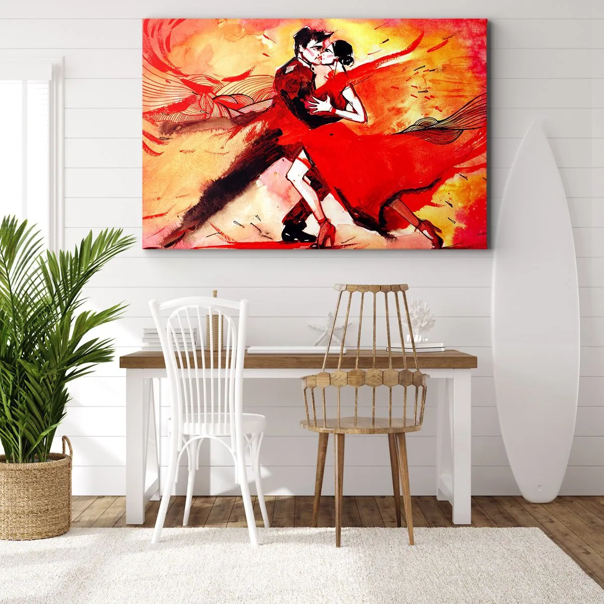 Tablou pe pânză Canvas - Un cuplu dansând tango în tonuri de roșu pe un fundal dinamic. - 70x50cm - Ritmul pasiunii purpuriu - Decorațiune modernă pentru perete pentru living și dormitor ARTTOR