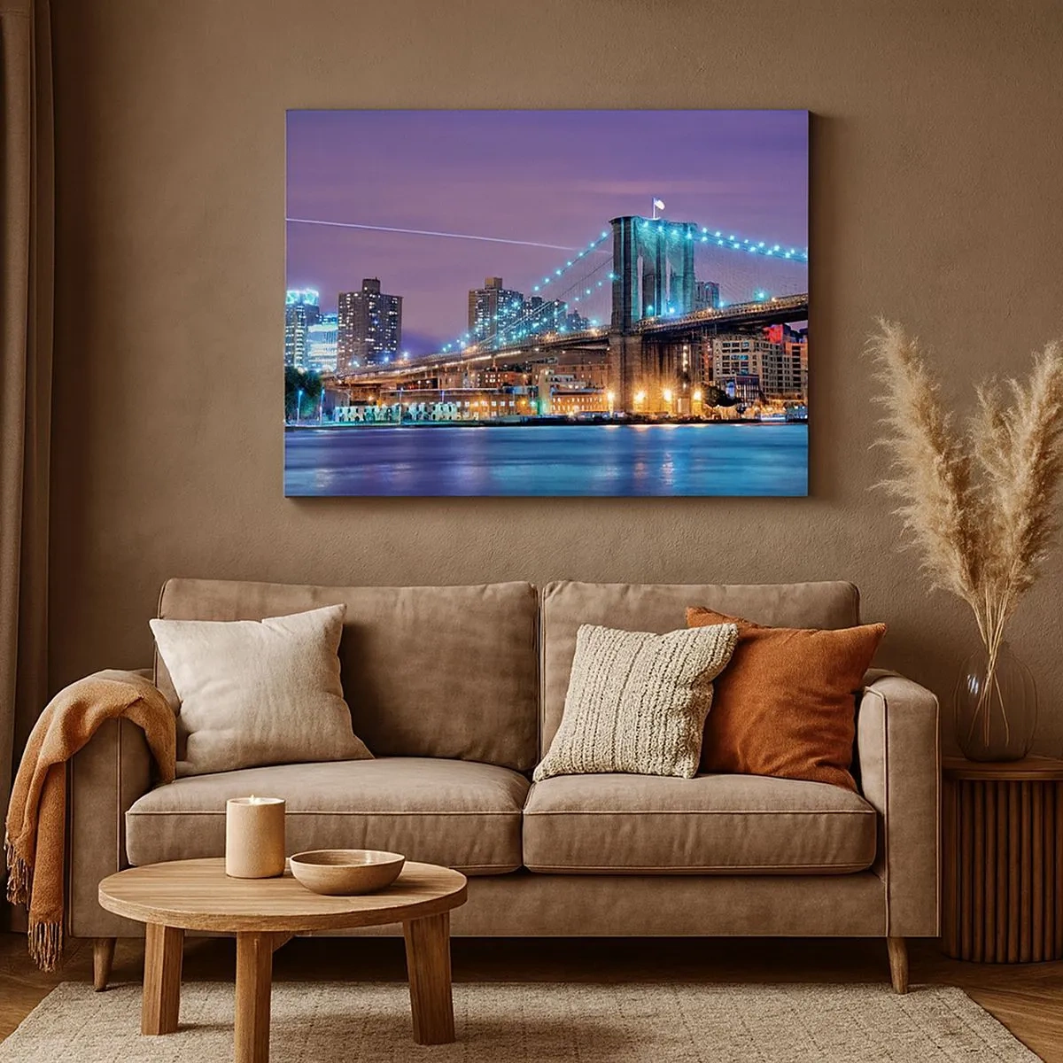 Tablou pe pânză Canvas - Podul Brooklyn noaptea, cu orașul iluminat în fundal - 70x50cm - De mulți ani, Podul Brooklyn - Decorațiune modernă pentru perete pentru living și dormitor ARTTOR