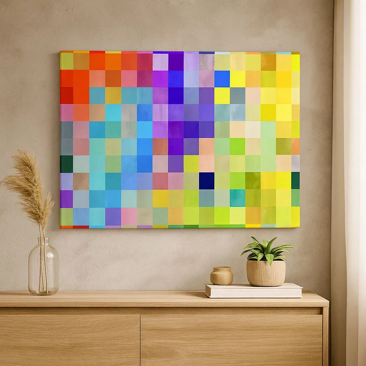 Tablou pe pânză Canvas - Un mozaic colorat de pătrate în diferite culori - 70x50cm - Fiecare diferit, toate sunt egale - Decorațiune modernă pentru perete pentru living și dormitor ARTTOR