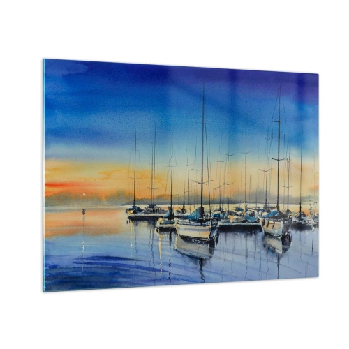 Tablou pe sticlă - Bărci cu pânze în port la apus - 70x50cm - Sfârșitul unei zile bune - Decorațiune modernă pentru perete pentru living și dormitor ARTTOR