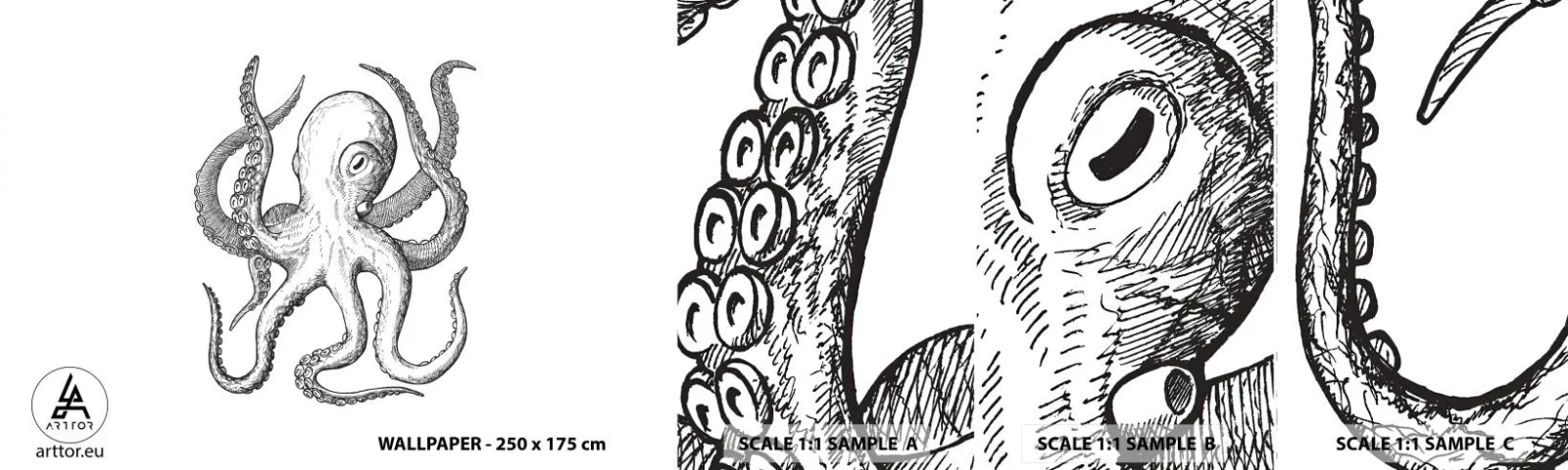 Mostră de Tapet Standard Eco - Dansând cu valurile - Caracatiță, Desen, Litoral - 100x30 cm