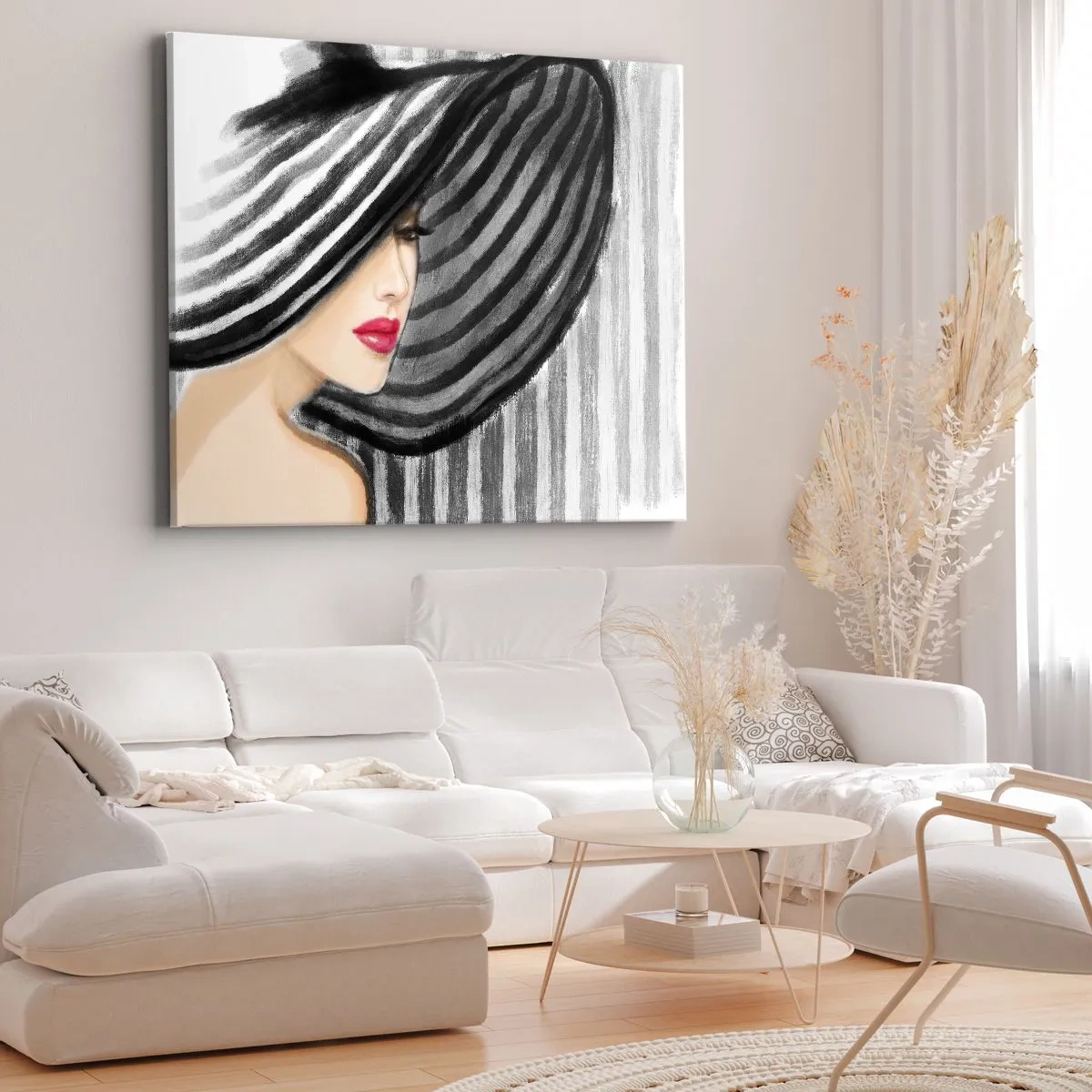 Tablou pe pânză Canvas - Femeie purtând o pălărie alb-negru cu accent roșu - 70x50cm - Unde te pot găsi? - Decorațiune modernă pentru perete pentru living și dormitor ARTTOR