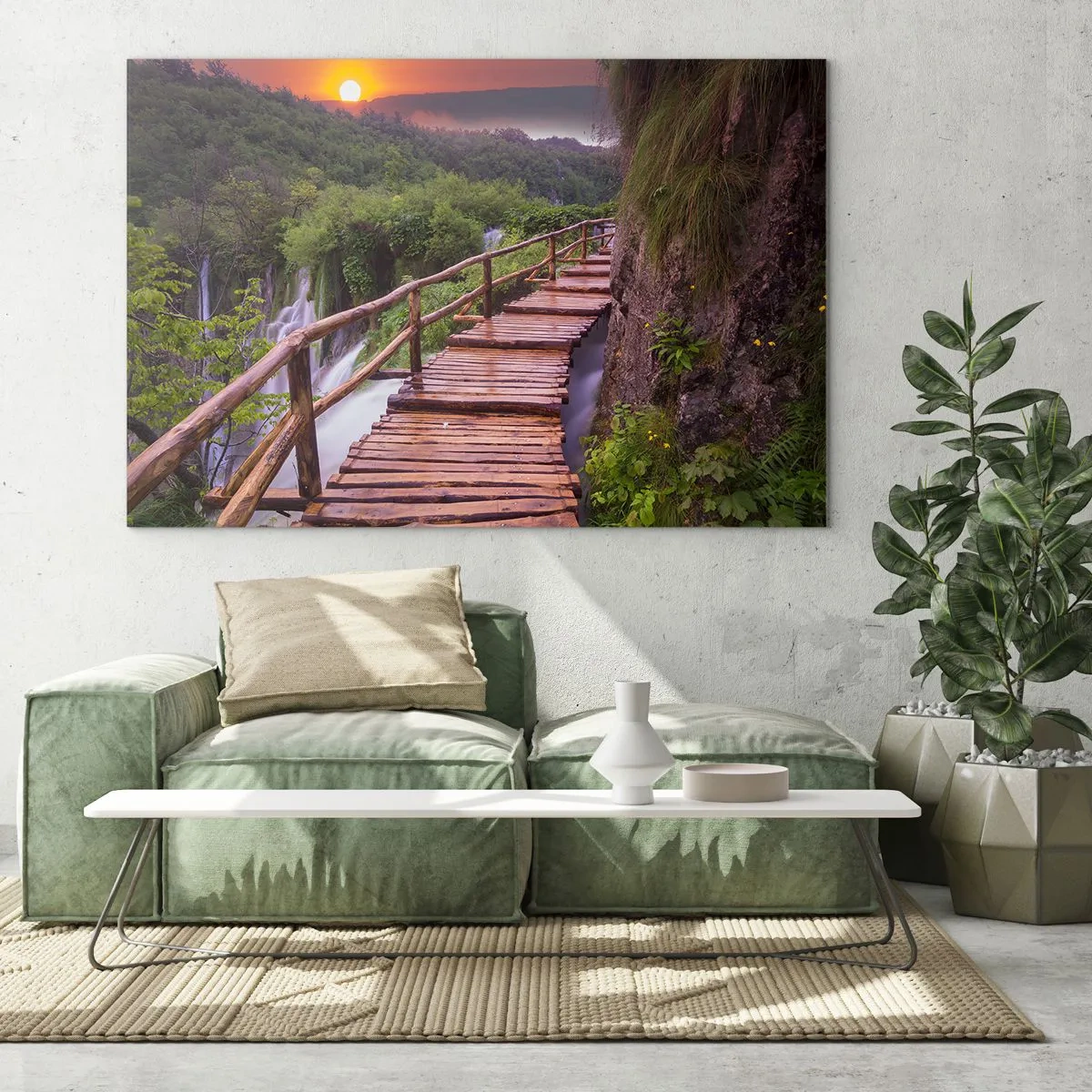 Tablou pe sticlă - alee de lemn printre verdeață la apus - 70x50cm - Frumusețe de necrezut - Decorațiune modernă pentru perete pentru living și dormitor ARTTOR