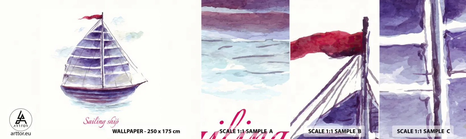 Mostră tapet autocolant Deluxe Sticker - Pânze pline și apă calmă - Barcă cu pânze, Litoral, Mare - 100x30 cm