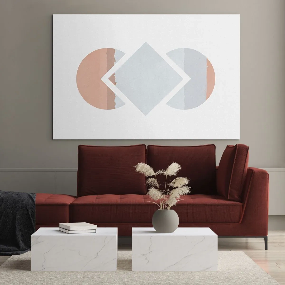 Tablou pe sticlă - Un romb pastelat în centru, între semicercuri, pe un fundal alb. - 70x50cm - Situația este clară - Decorațiune modernă pentru perete pentru living și dormitor ARTTOR