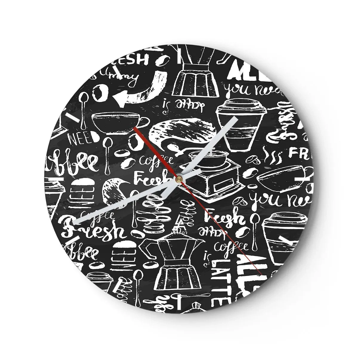 Ceas de perete - Ceas pe sticlă - Motiv de cafea în stilul unui desen cu cretă pe fundal negru - 30x30cm - All you need is… - Decorațiune modernă pentru perete pentru living, bucătărie și dormitor ARTTOR
