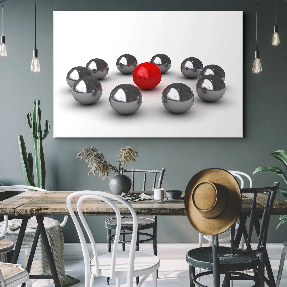 Tablou pe pânză Canvas - O minge roșie înconjurată de bile argintii pe un fundal alb - 70x50cm - Cerc în argintiu și roșu - Decorațiune modernă pentru perete pentru living și dormitor ARTTOR