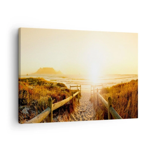 Tablou pe pânză Canvas - Calea spre plajă în timpul unui apus de soare auriu - 70x50cm - Prin dune spre soare - Decorațiune modernă pentru perete pentru living și dormitor ARTTOR