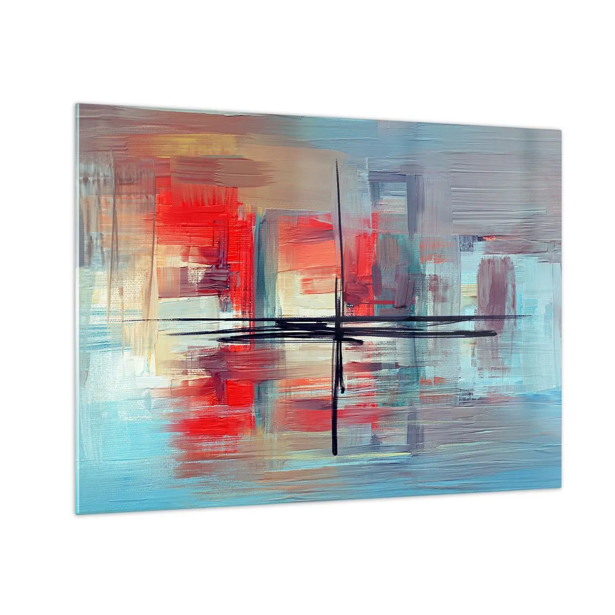 Tablou pe sticlă - O abstracție colorată cu roșu și albastru, inspirată de un peisaj. - 70x50cm - Peisaj dintr-o dimensiune necunoscută - Decorațiune modernă pentru perete pentru living și dormitor ARTTOR