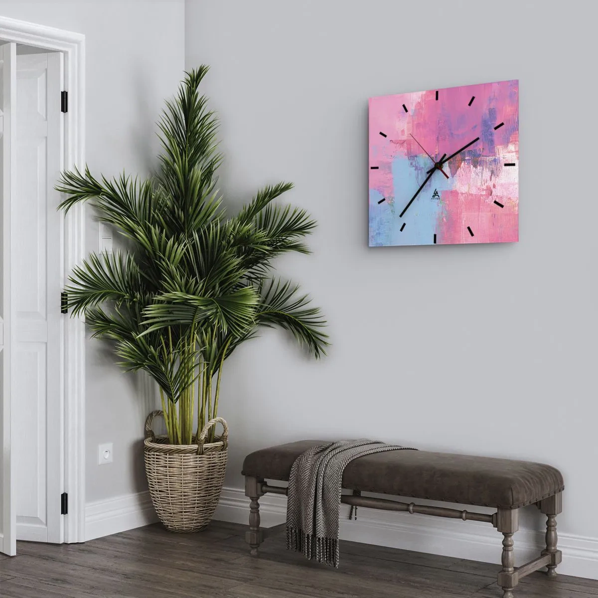 Ceas de perete - Ceas pe sticlă - Roz, albastru și un strop de lumină - 30x30 cm