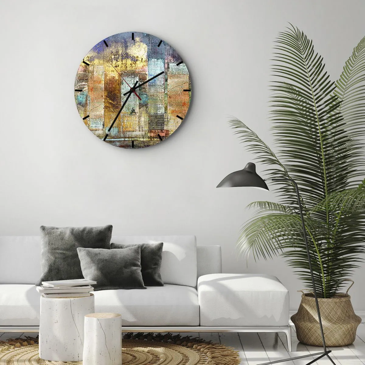 Ceas de perete - Ceas pe sticlă - Abstracție colorată inspirată de orizontul orașului - 30x30cm - Metropola însorită - Decorațiune modernă pentru perete pentru living, bucătărie și dormitor ARTTOR