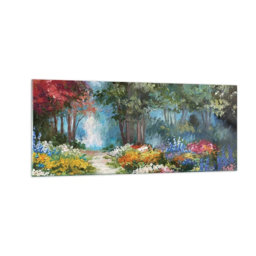 Tablou pe sticlă - Grădină de pădure, pădure de flori - 100x40 cm