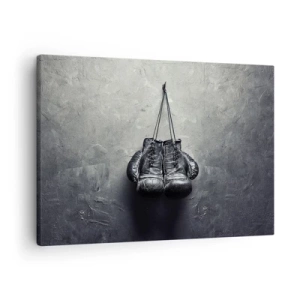 Tablou pe pânză Canvas - Mănuși de box vechi pe perete - 70x50cm - Timp de luptă și timp de pace - Decorațiune modernă pentru perete pentru living și dormitor ARTTOR