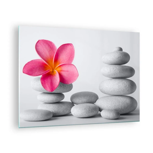 Tablou pe sticlă - O floare roz pe un morman de pietre albe - 70x50cm - Piatră peste piatră, iar pe această piatră... - Decorațiune modernă pentru perete pentru living și dormitor ARTTOR