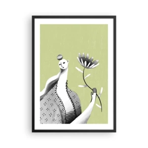 Poster în ramă neagră - Femeie minimalistă care ține o floare pe un fundal verde - 50x70cm - Portret modernist - ținând o floare - Decorațiune modernă pentru perete pentru living și dormitor ARTTOR