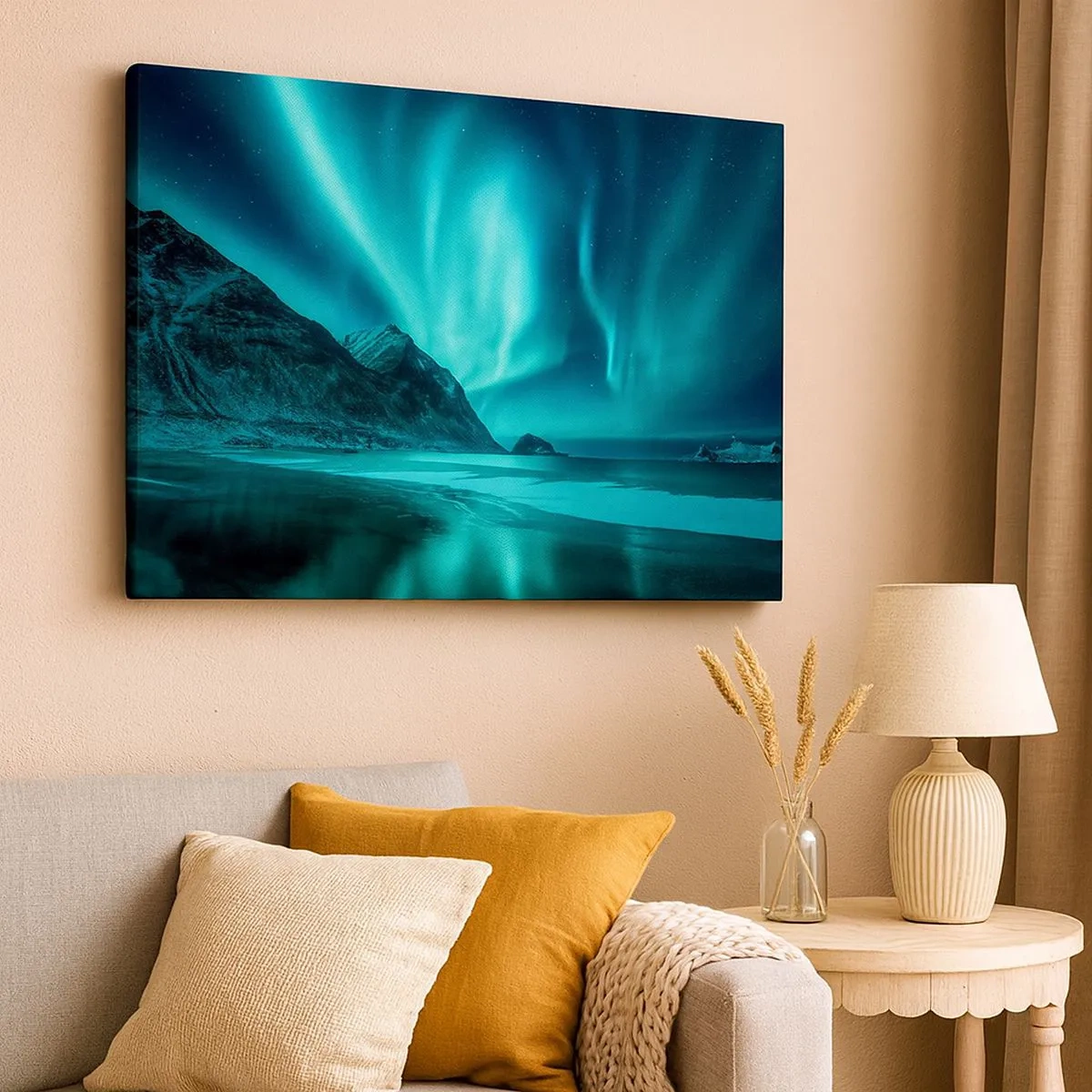 Tablou pe pânză Canvas - Aurora boreală peste un peisaj muntos de iarnă - 70x50cm - Minunile din nord - Decorațiune modernă pentru perete pentru living și dormitor ARTTOR