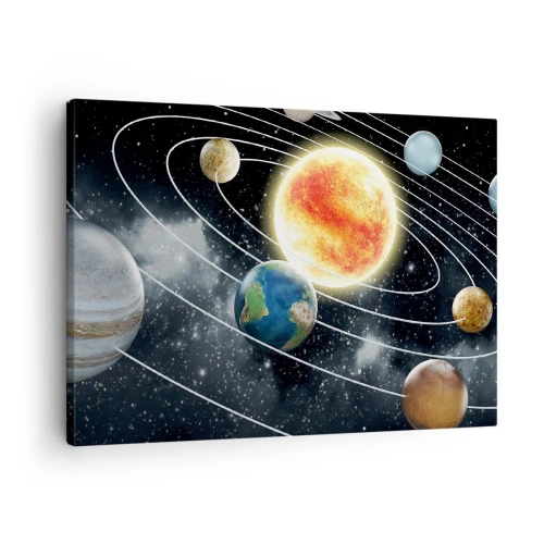 Tablou pe pânză Canvas - Sistem solar cu planete și soare în spațiu - 70x50cm - Dans cosmic - Decorațiune modernă pentru perete pentru living și dormitor ARTTOR