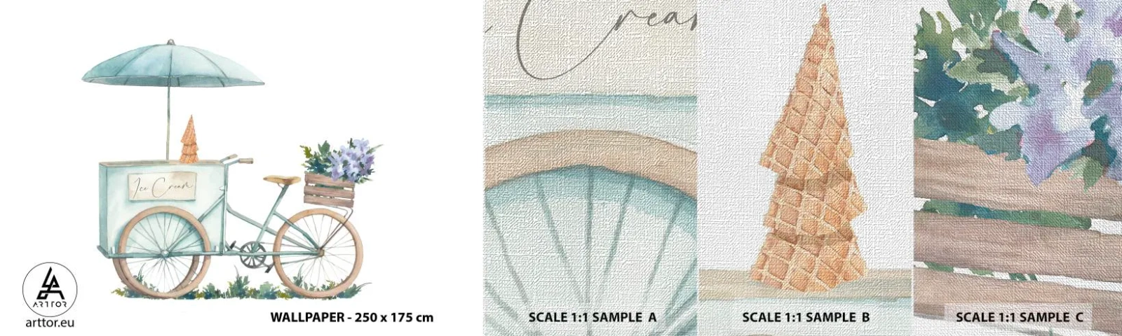 Mostră tapet Premium Canvas - O dulce amintire de vară - Pastel, Înghețată, Bicicleta - 100x30 cm